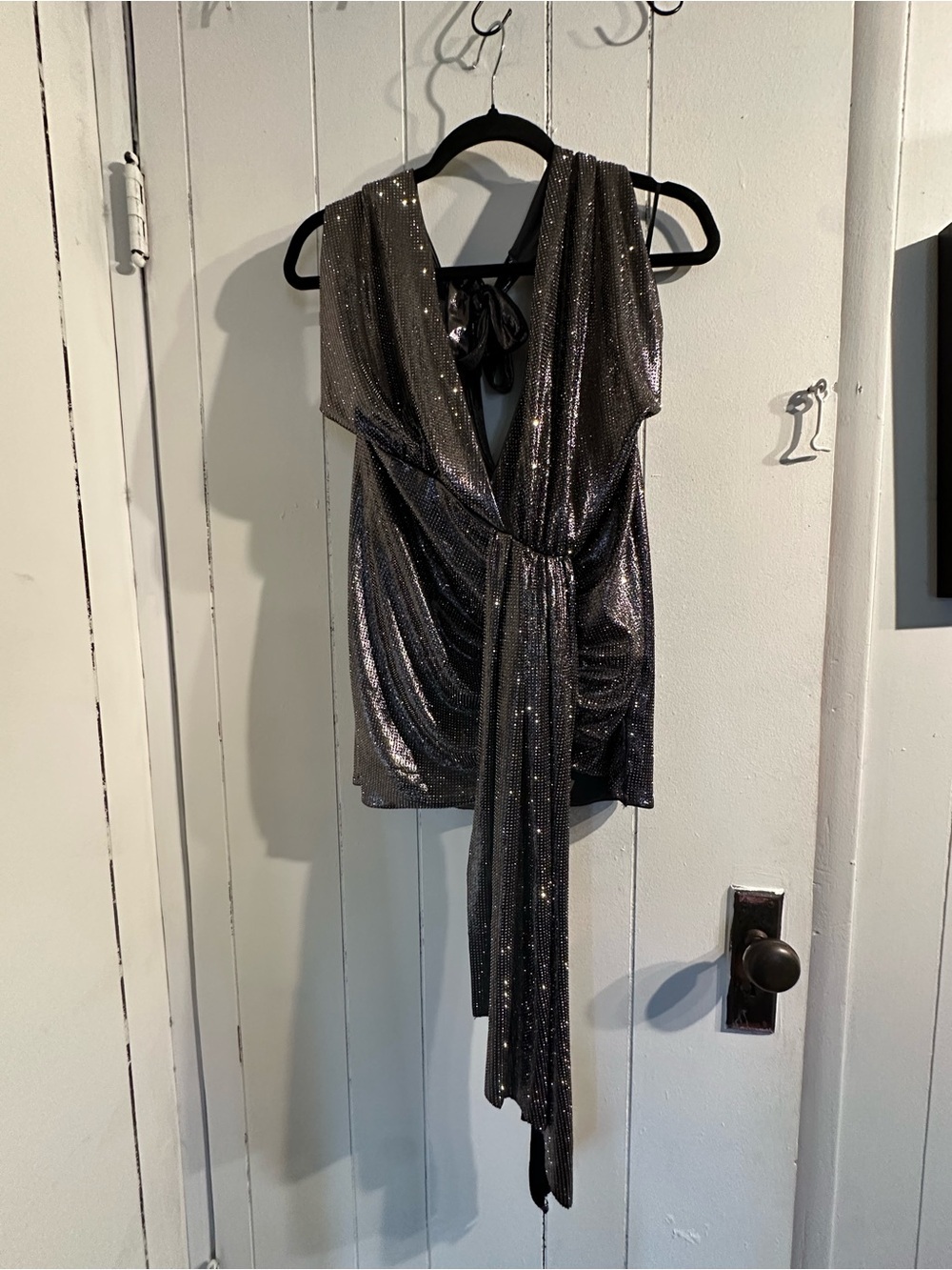 AKIRA NWT Fully rhinestone Sparkling grey Sequin Drape Dress OPEN BACK
